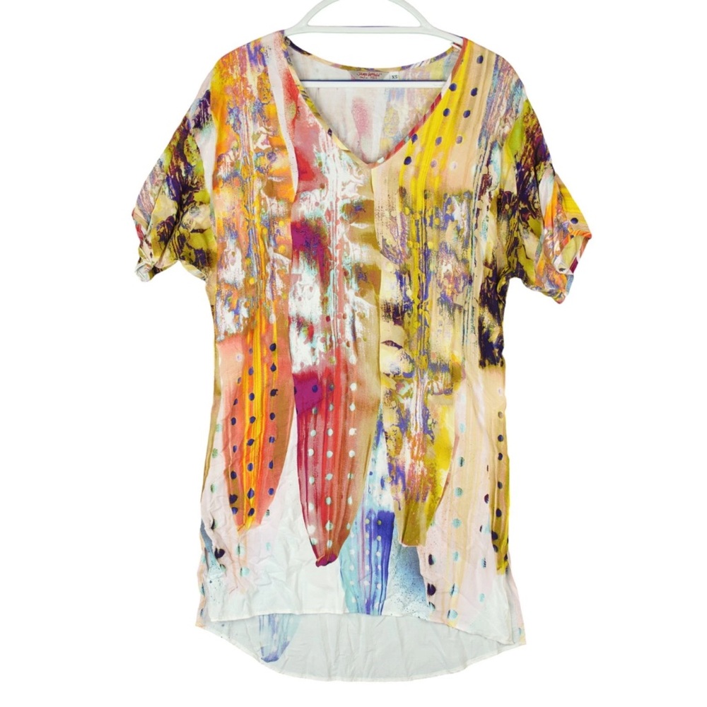 Jams World Women Tunic Top V Neck Short Sleeves Boho Hawaii Abstract Size XS